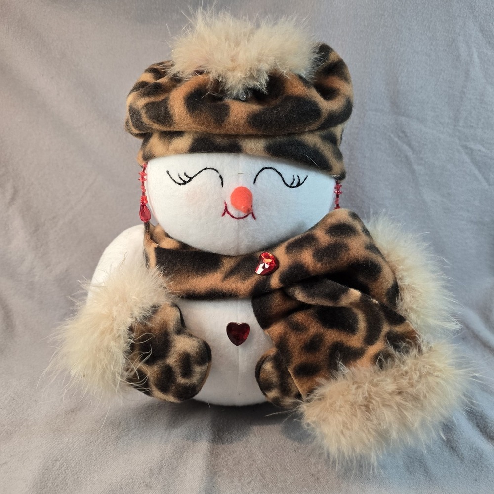 2 Snowman Couple Plushies W/ Leopard Print Scarf Hat Gloves Christmas‎ Winter